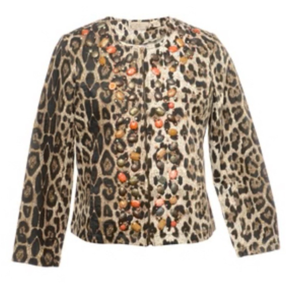 Vtg Leopard Cheetah Print Safari Beaded Zip Jacket Artsy Boho Mob Wife Petite M